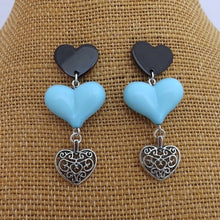 Load image into Gallery viewer, Black, Blue &amp; Silver Handmade Heart Drop Earrings
