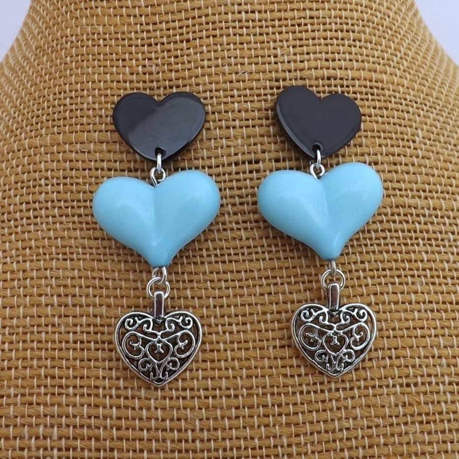 Black, Blue & Silver Handmade Heart Drop Earrings
