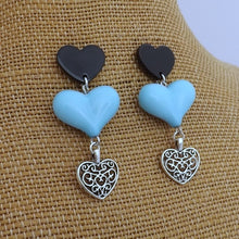 Load image into Gallery viewer, Black, Blue &amp; Silver Handmade Heart Drop Earrings
