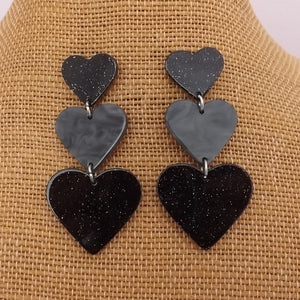 Glitter Triple Acrylic Heart Stud Earrings (Pink or Black)