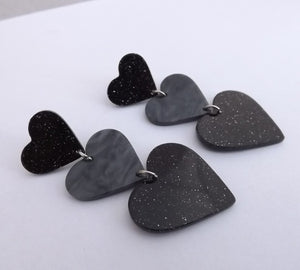 Glitter Triple Acrylic Heart Stud Earrings (Pink or Black)