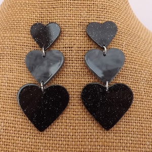 Glitter Triple Acrylic Heart Stud Earrings (Pink or Black)