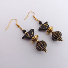 Load image into Gallery viewer, Black &amp; Gold Handmade Bird Bead Earrings
