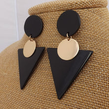 Load image into Gallery viewer, Black &amp; Gold Tone Acrylic Triangle Earrings
