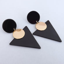 Load image into Gallery viewer, Black &amp; Gold Tone Acrylic Triangle Earrings
