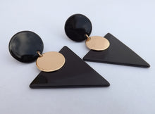 Load image into Gallery viewer, Black &amp; Gold Tone Acrylic Triangle Earrings
