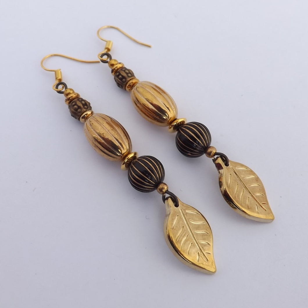 Black & Gold Handmade Bead Earrings with Leaves