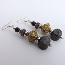 Load image into Gallery viewer, Black, Grey &amp; Gold Handmade Bead Earrings
