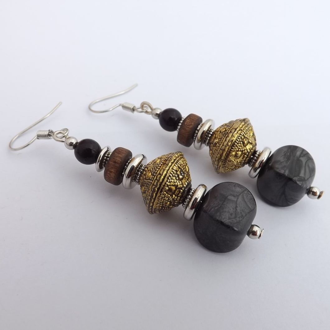 Black, Grey & Gold Handmade Bead Earrings