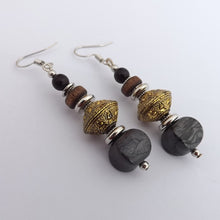 Load image into Gallery viewer, Black, Grey &amp; Gold Handmade Bead Earrings
