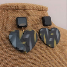 Load image into Gallery viewer, Black, Grey &amp; Yellow Acrylic Heart Earrings

