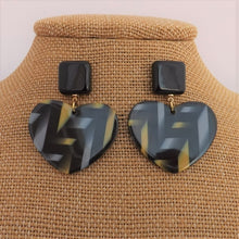 Load image into Gallery viewer, Black, Grey &amp; Yellow Acrylic Heart Earrings
