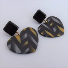 Load image into Gallery viewer, Black, Grey &amp; Yellow Acrylic Heart Earrings
