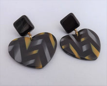 Load image into Gallery viewer, Black, Grey &amp; Yellow Acrylic Heart Earrings
