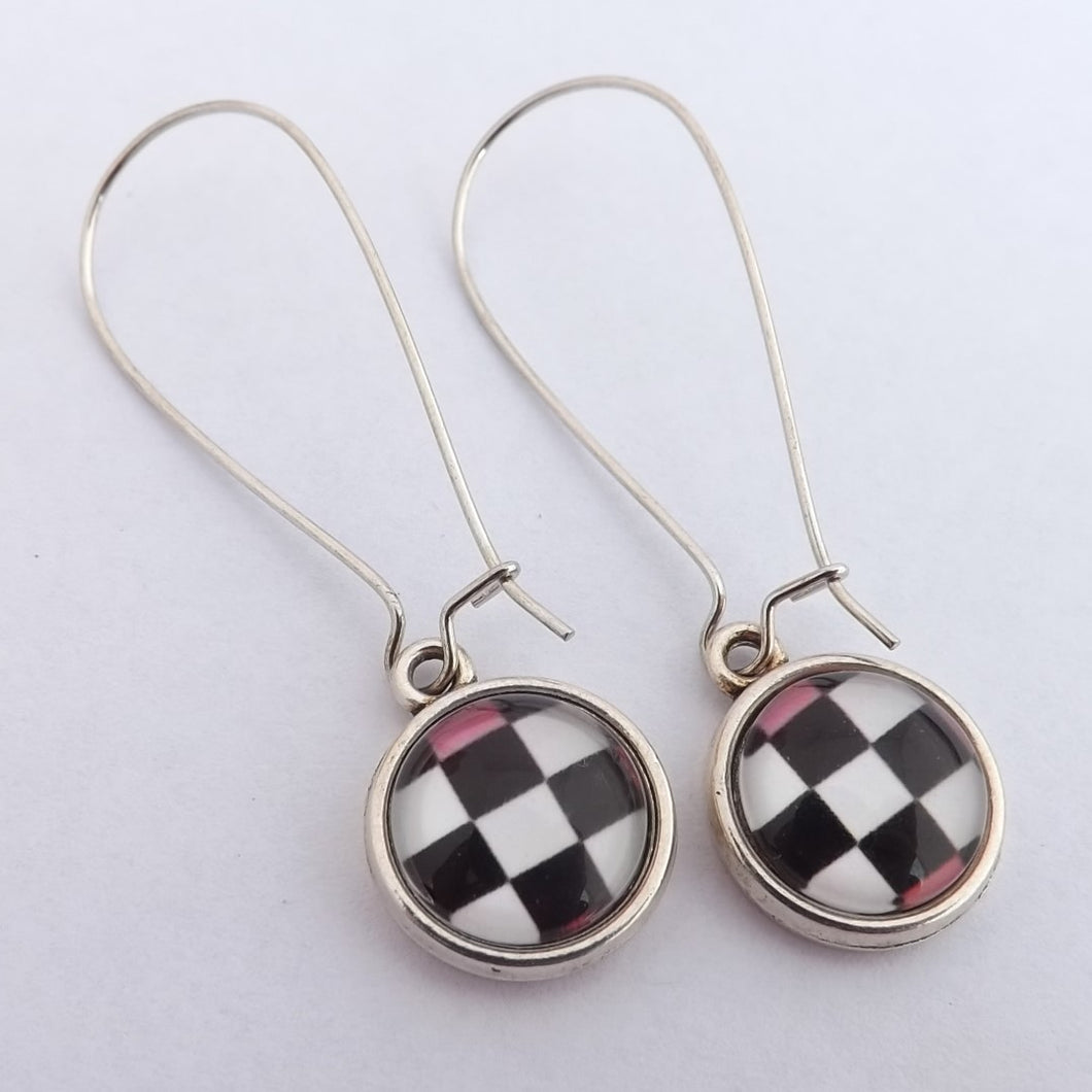 Black, Pink & White Checkered Dome Earrings on Long Kidney Hooks