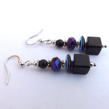 Load image into Gallery viewer, Black, Purple &amp; Blue Handmade Glass Cube Bead Earrings
