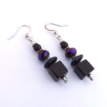 Load image into Gallery viewer, Black, Purple &amp; Blue Handmade Glass Cube Bead Earrings
