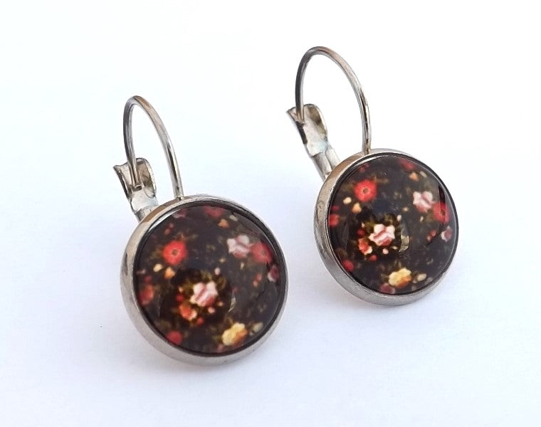 Black & Red Floral Dome Earrings on Lever Back Hooks