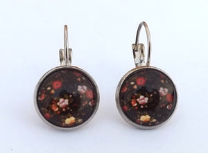 Black & Red Floral Dome Earrings on Lever Back Hooks