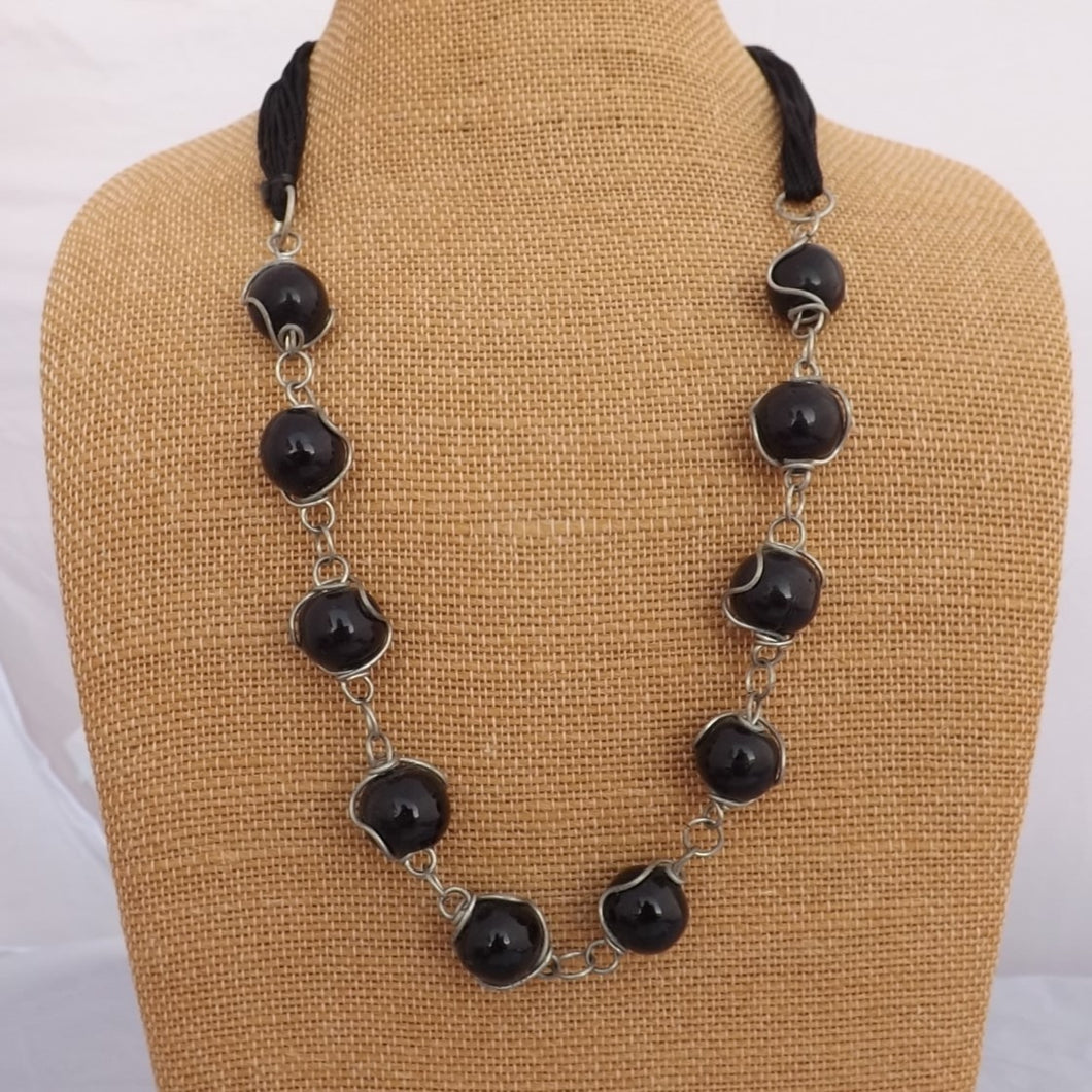 Black & Silver Tone Chain & Cord Bead Necklace