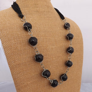 Black & Silver Tone Chain & Cord Bead Necklace