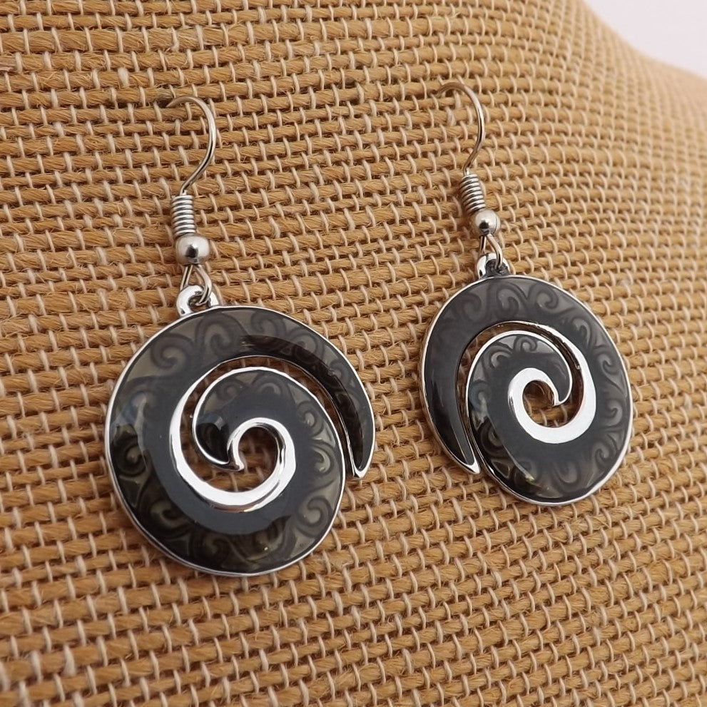 Black & Silver Tone Koru Drop Earrings