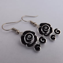 Load image into Gallery viewer, Black &amp; Silver Tone Rose Drop Earrings
