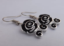 Load image into Gallery viewer, Black &amp; Silver Tone Rose Drop Earrings
