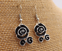 Load image into Gallery viewer, Black &amp; Silver Tone Rose Drop Earrings
