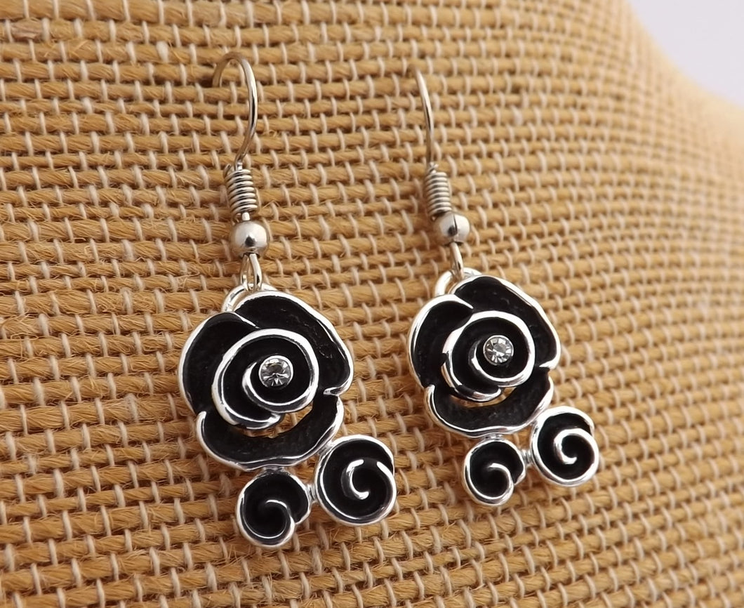 Black & Silver Tone Rose Drop Earrings
