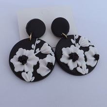 Load image into Gallery viewer, Black &amp; White 3D Floral Polymer Clay Earrings
