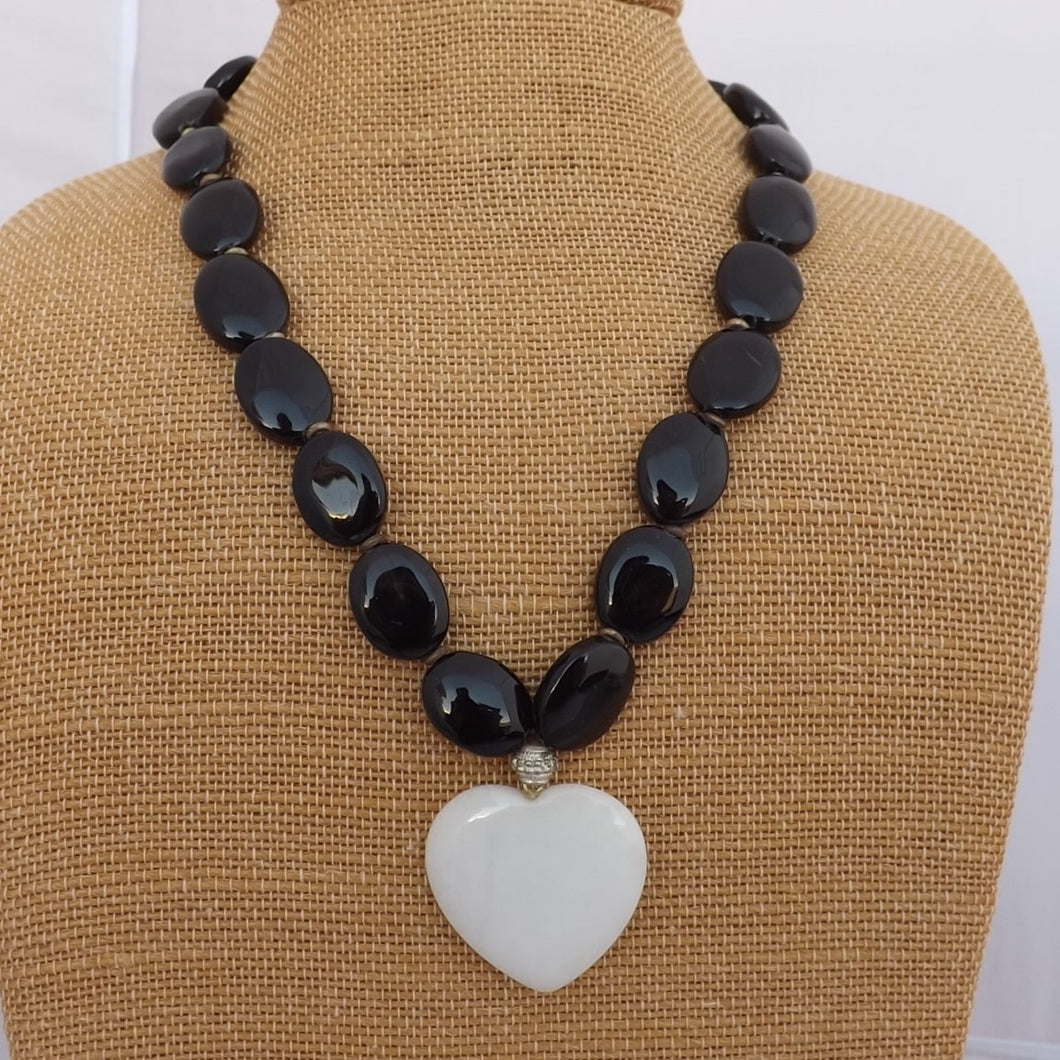 Black & White Agate Bead & Heart Necklace