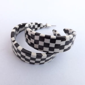 Black & White Checkers Acrylic Hoop Earrings