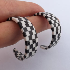 Black & White Checkers Acrylic Hoop Earrings