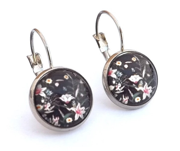 Black & White Floral Dome Earrings on Lever Back Hooks