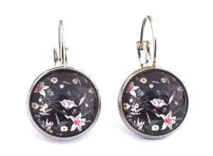 Black & White Floral Dome Earrings on Lever Back Hooks