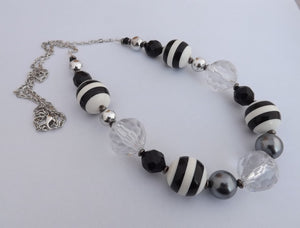 Black & White Striped Chunky Handmade Bead & Chain Necklace