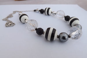 Black & White Striped Chunky Handmade Bead & Chain Necklace