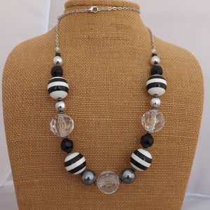 Black & White Striped Chunky Handmade Bead & Chain Necklace