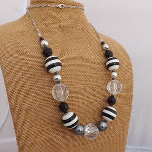 Black & White Striped Chunky Handmade Bead & Chain Necklace