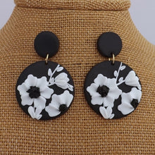 Load image into Gallery viewer, Black &amp; White 3D Floral Polymer Clay Earrings
