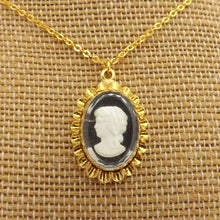 Load image into Gallery viewer, Black, White &amp; Gold Tone Cameo Pendant Necklace
