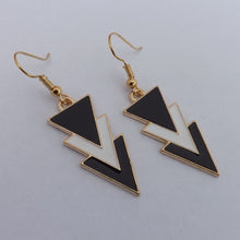 Load image into Gallery viewer, Black, White &amp; Gold Tone Triangular Drop Earrings
