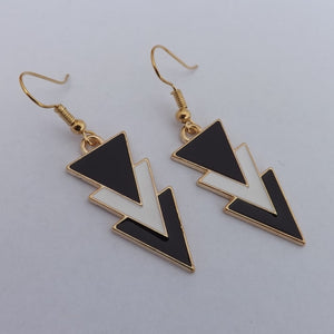 Black, White & Gold Tone Triangular Drop Earrings