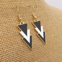 Load image into Gallery viewer, Black, White &amp; Gold Tone Triangular Drop Earrings
