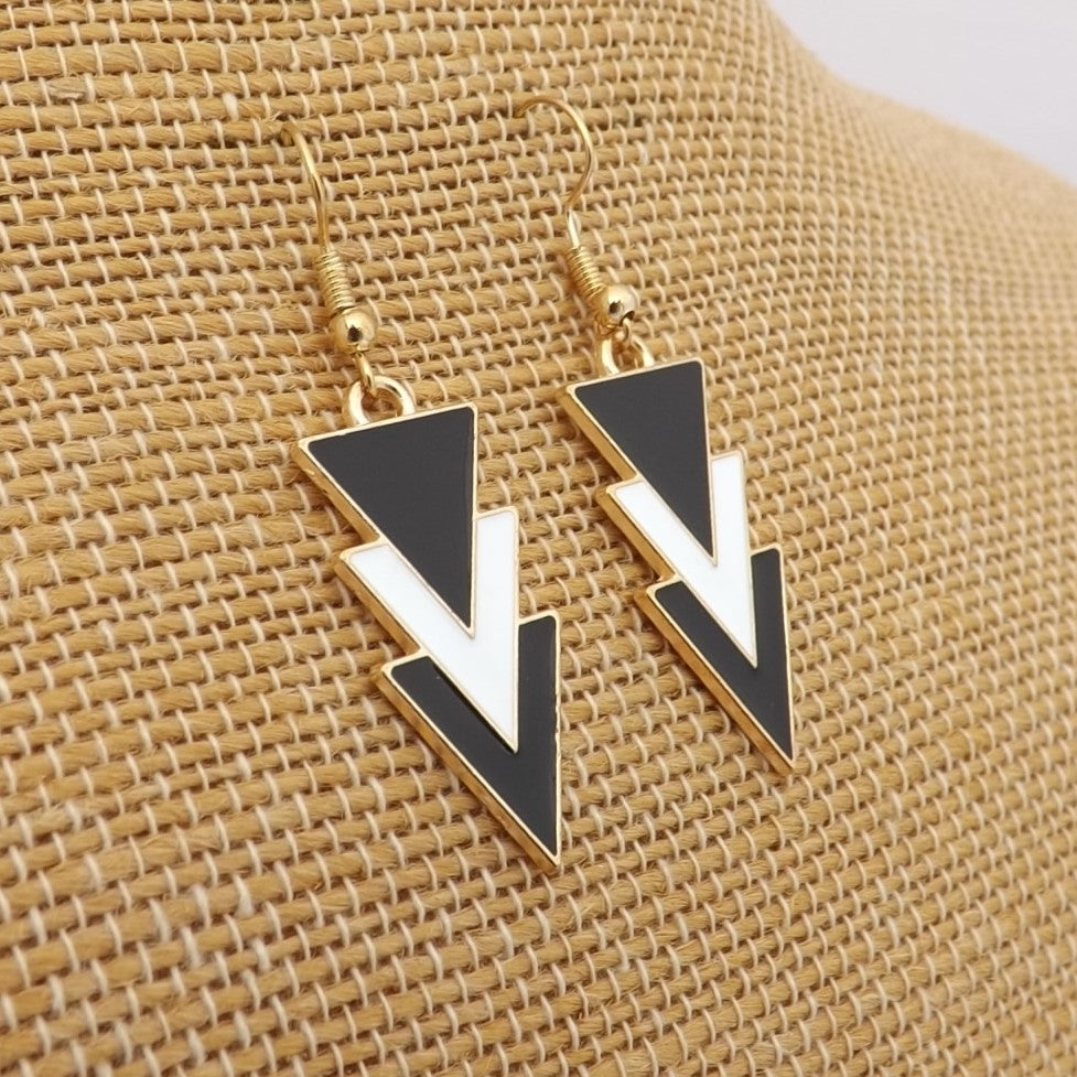 Black, White & Gold Tone Triangular Drop Earrings