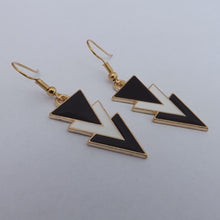 Load image into Gallery viewer, Black, White &amp; Gold Tone Triangular Drop Earrings
