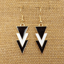 Load image into Gallery viewer, Black, White &amp; Gold Tone Triangular Drop Earrings
