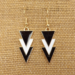 Black, White & Gold Tone Triangular Drop Earrings