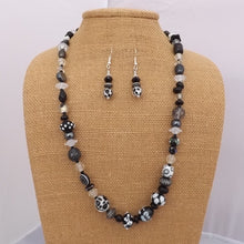 Load image into Gallery viewer, Black &amp; White Handmade Lampwork Glass Bead Necklace &amp; Earrings Set
